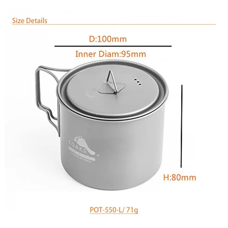 Gray camping pot with measurements and brand logo on a white background