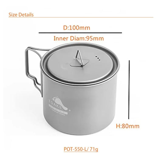 Gray camping pot with measurements and brand logo on a white background
