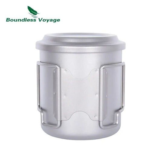 Titanium Cup with Tea Strainer with lid on a white background, featuring 'Boundless Voyage' brand.