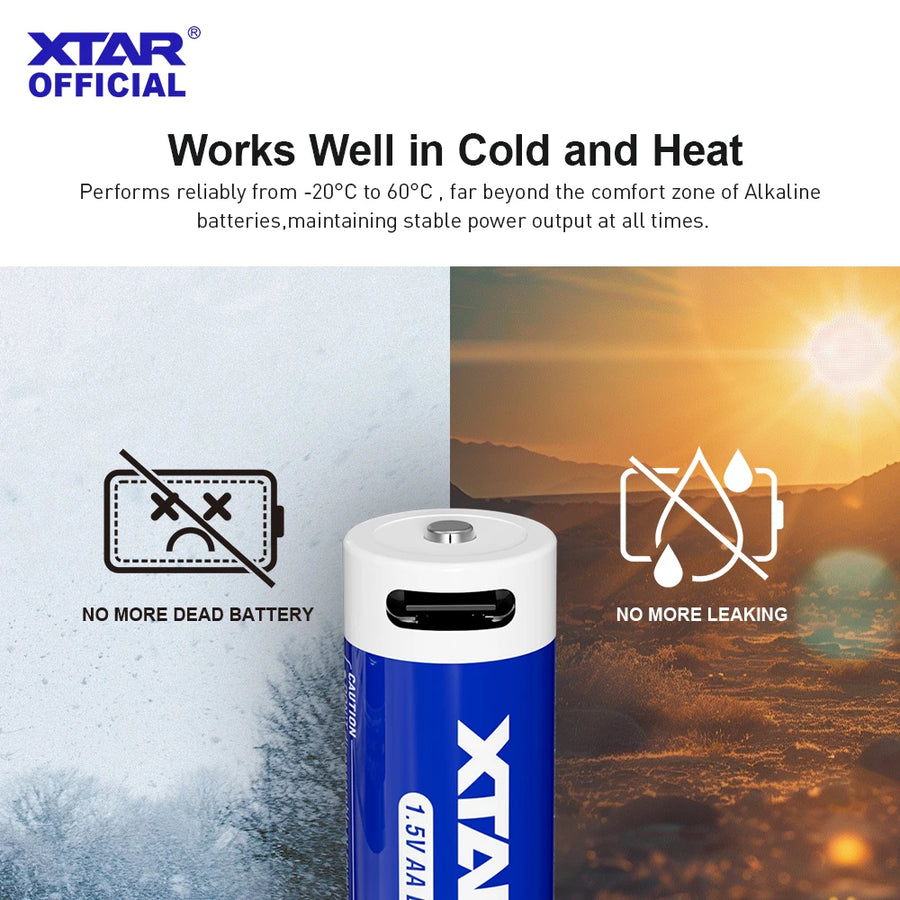 XTAR battery with text about its performance in cold and heat, on a white background.