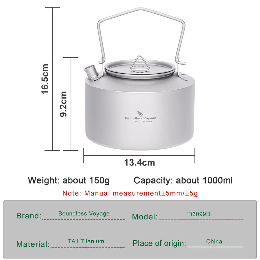 Gray titanium kettle with dimensions and specifications on a white background