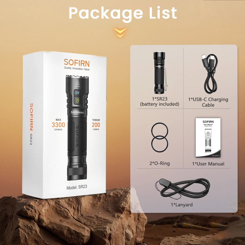 SOFIRN flashlight package list with box and contents on a natural background