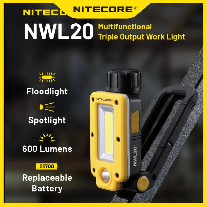 Nitecore NWL20 multifunctional triple output work light with features listed on a dark background