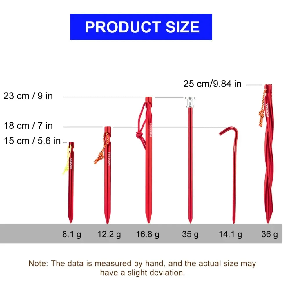 Measurement chart showing the size and weight of red tent stakes with labels and measurements.