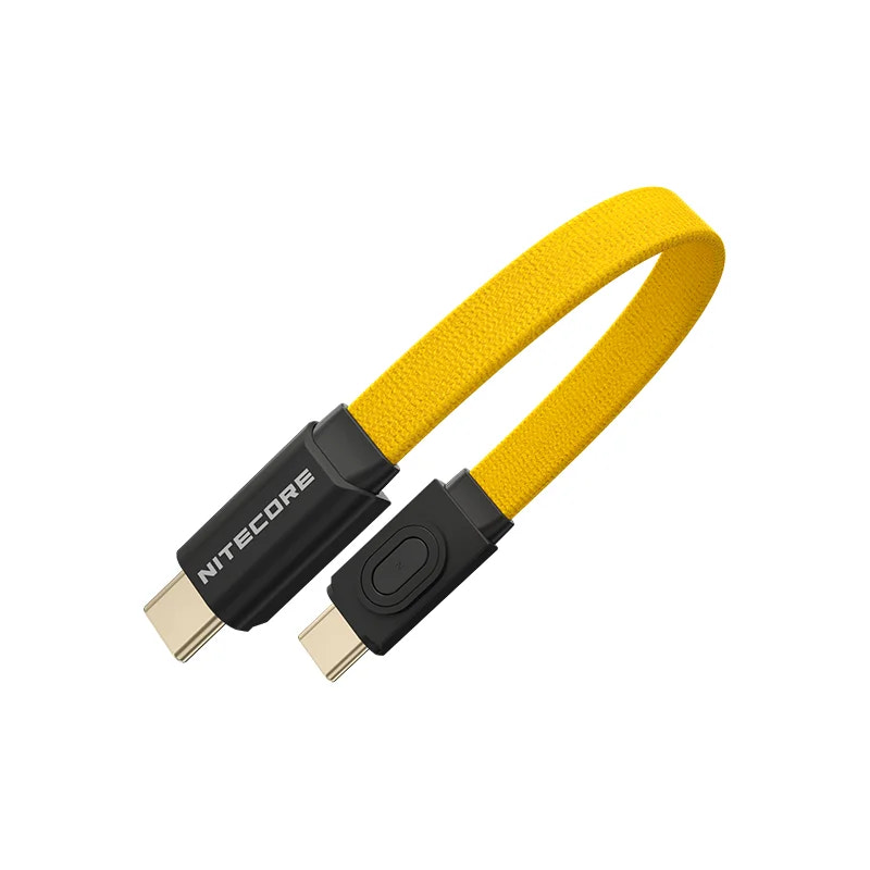 Nitecore USB cable with yellow fabric strap on a white background