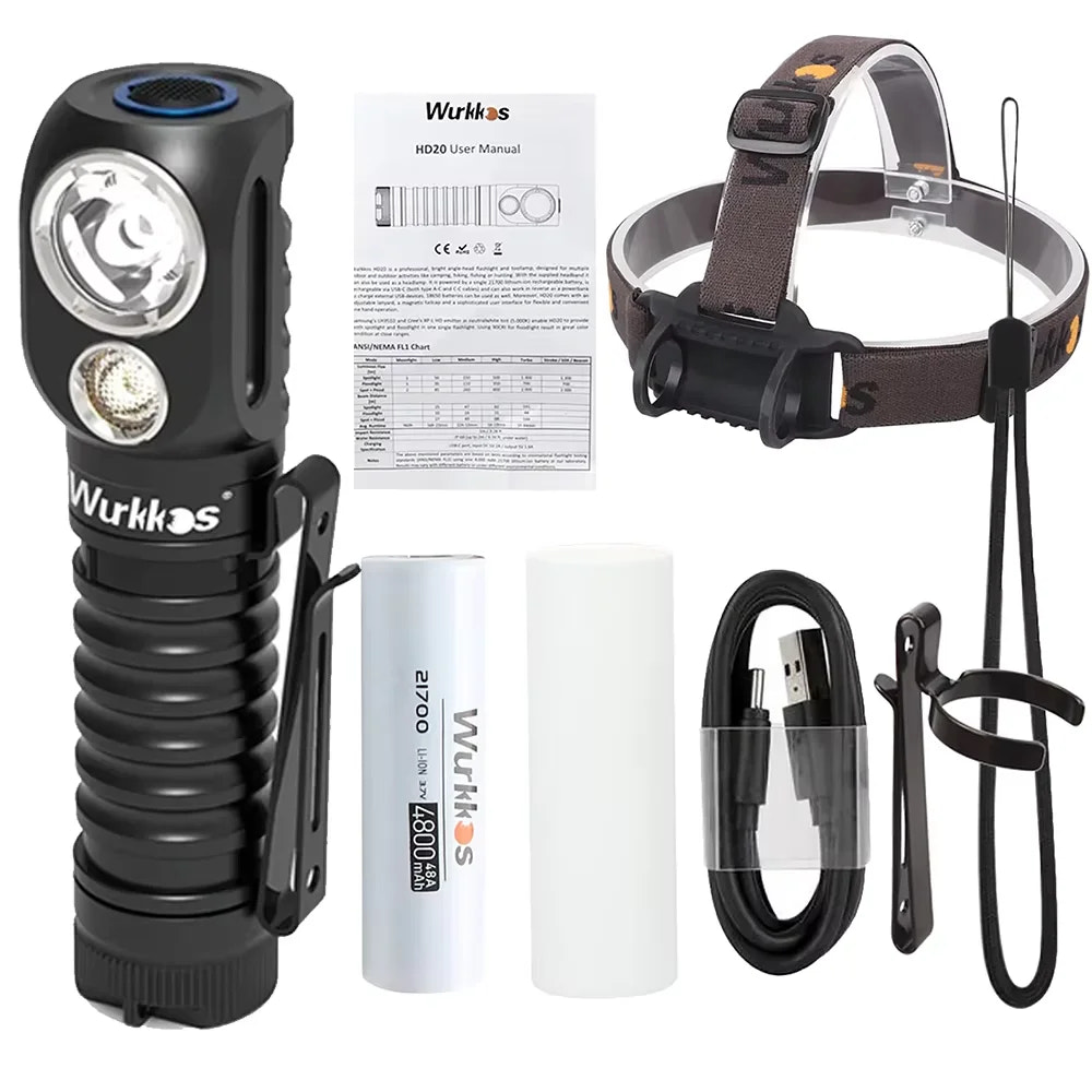 Wurkkos flashlight set with headband, battery, and charging cable on a white background