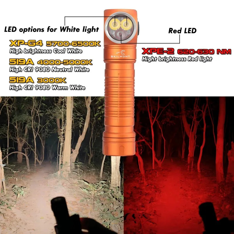 Orange flashlight with LED options for white and red light, shown in use in a forest setting.