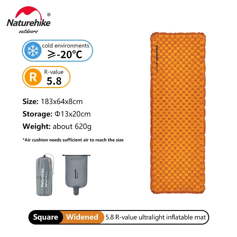 Orange inflatable mat with packaging and specifications on a white background, featuring the Naturehike brand.