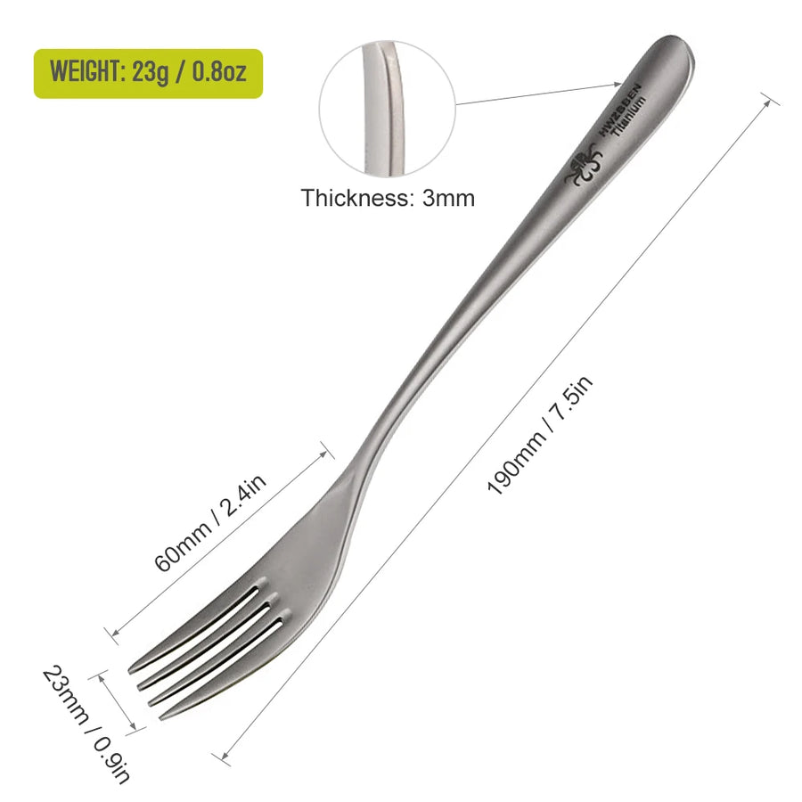 titanium fork with measurements and weight details on a white background