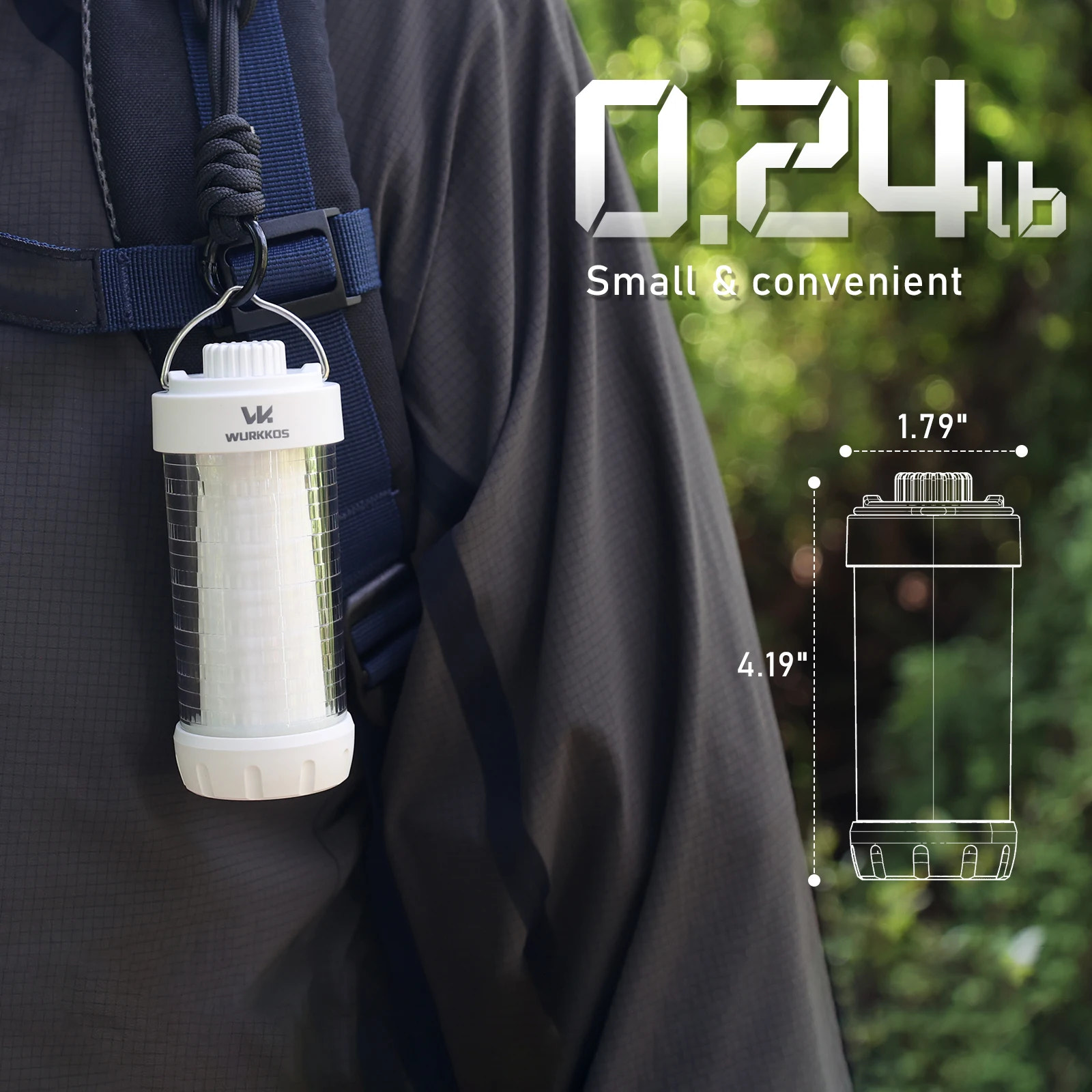 Small lantern hanging from a backpack with dimensions displayed