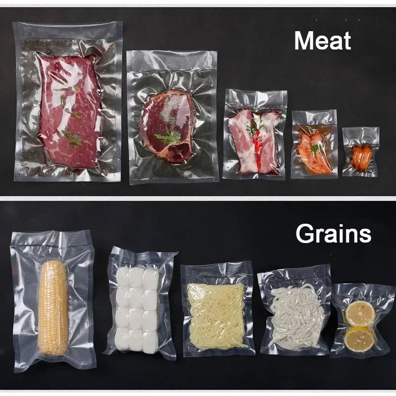 Vacuum-sealed packages of meat and grains on a black background