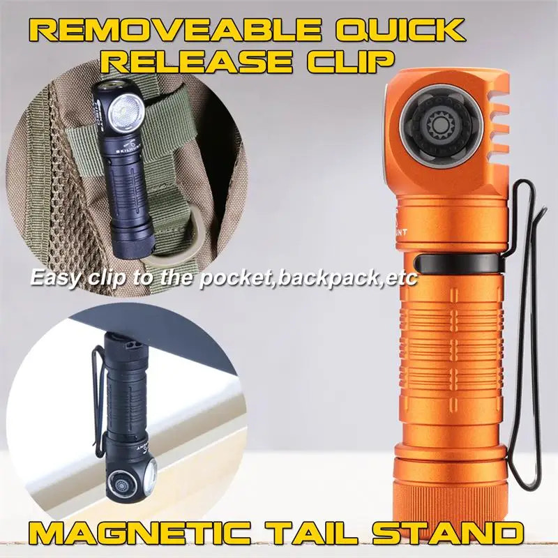 Orange flashlight with removable quick release clip and magnetic tail stand on a white background
