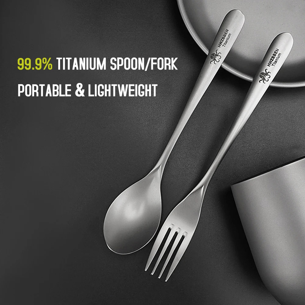 Titanium spoon and fork set on a dark surface with promotional text.