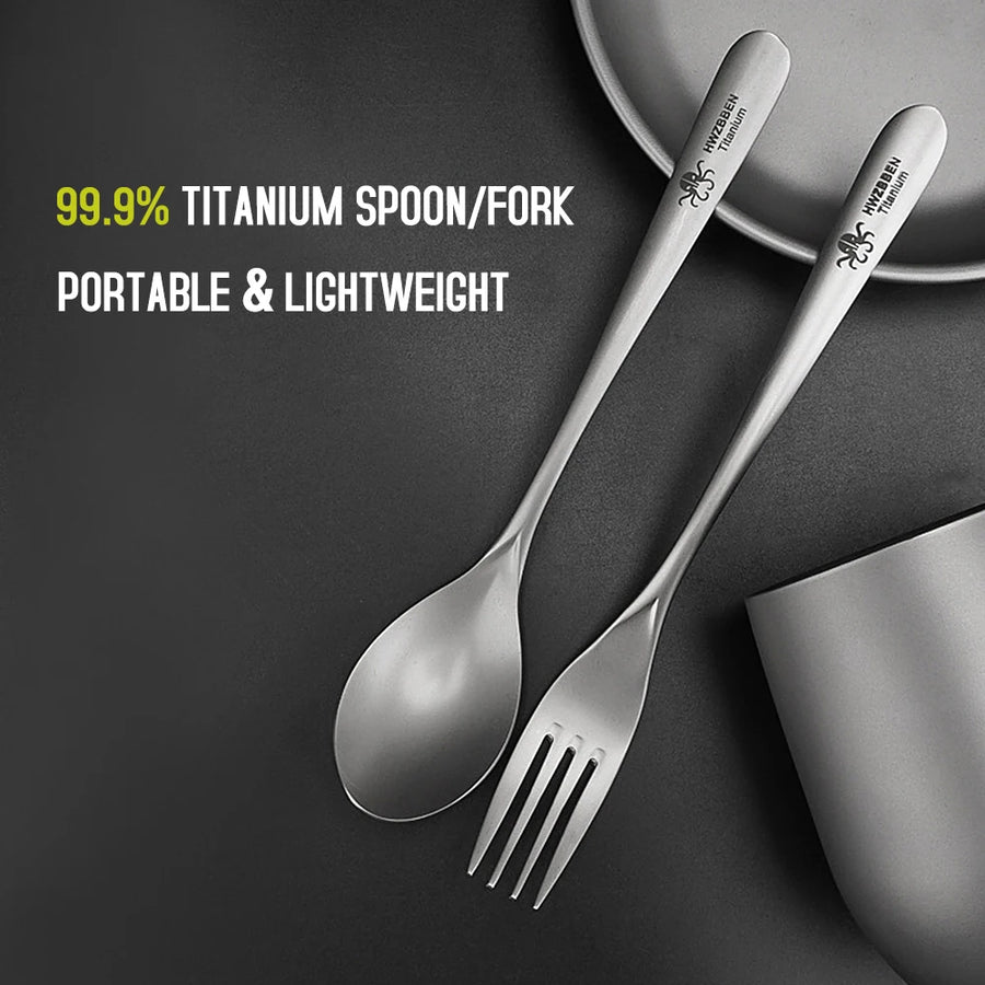 Titanium spoon and fork set on a dark surface with promotional text.