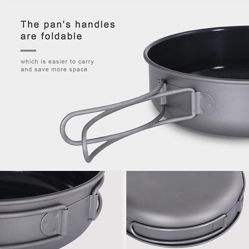 Foldable handle on a camping pot with text explaining its benefits