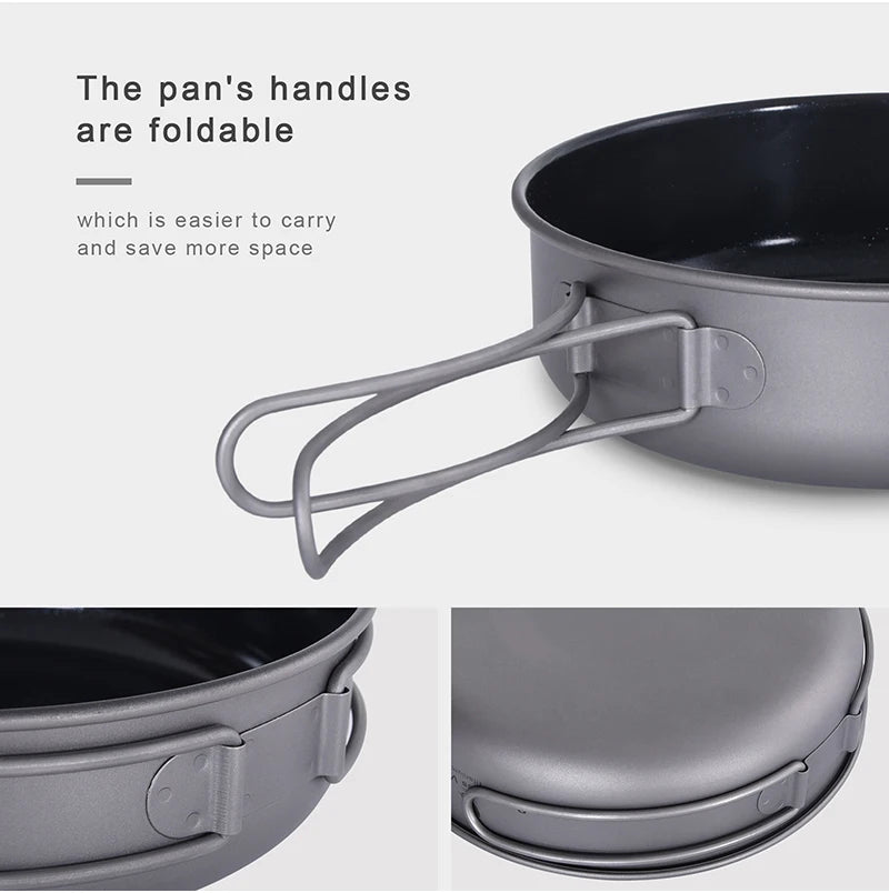 Foldable handle on a camping pot with text explaining its benefits