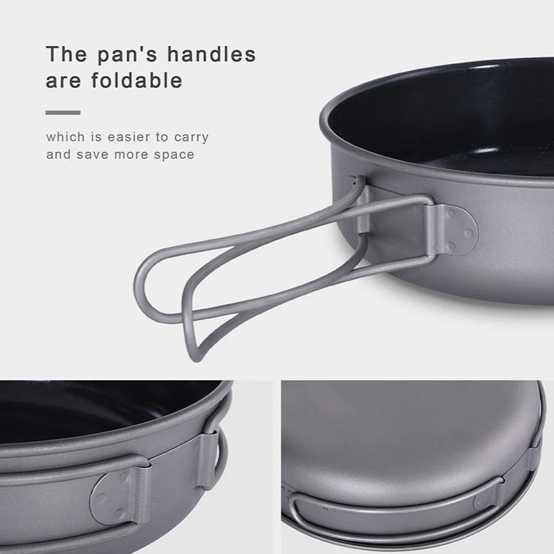 Foldable handle on a camping pot with text explaining its benefits