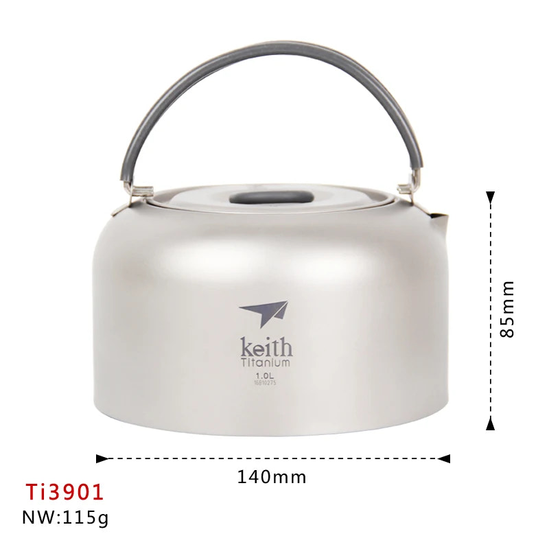 Titanium kettle with handle and dimensions on a white background