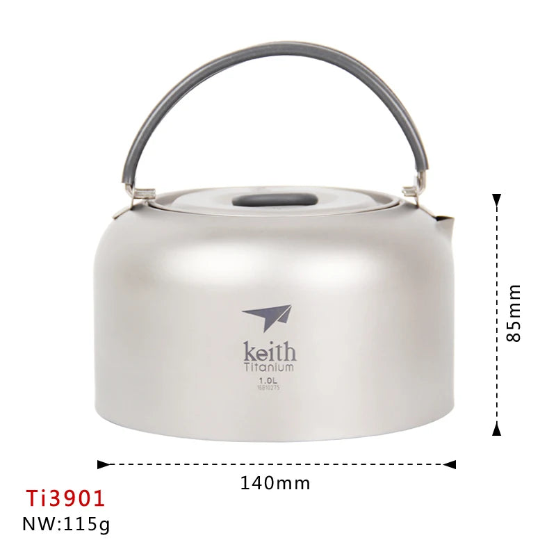 Titanium kettle with handle and dimensions on a white background