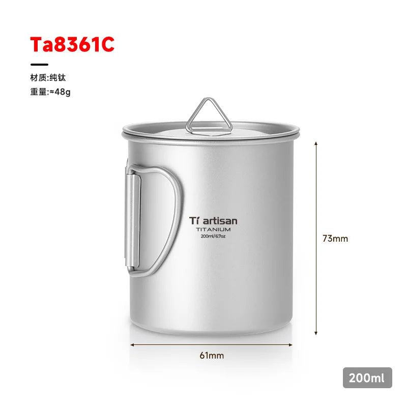 Titanium mug with handle and measurements on a white background