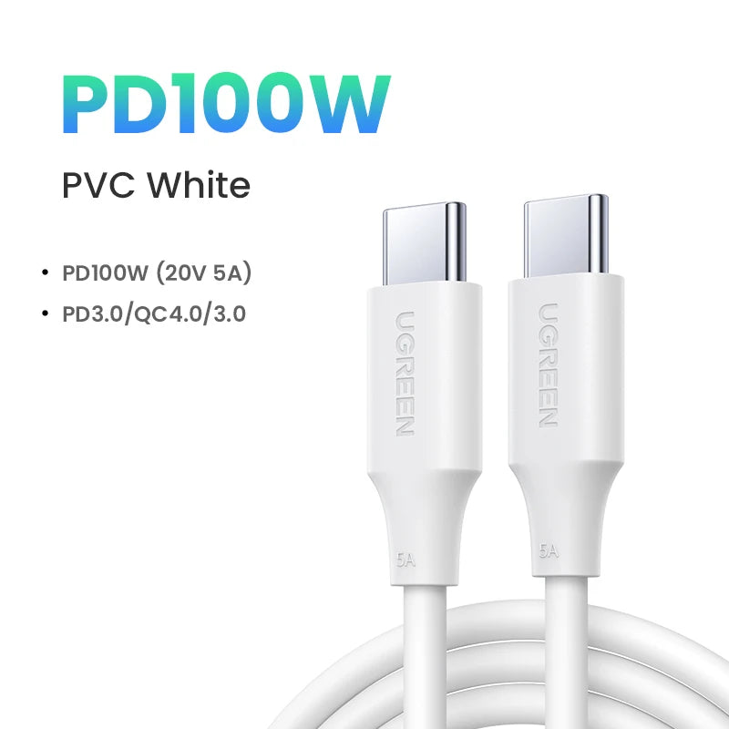 White USB-C cable with UGREEN branding on a white background, featuring PD100W specifications.