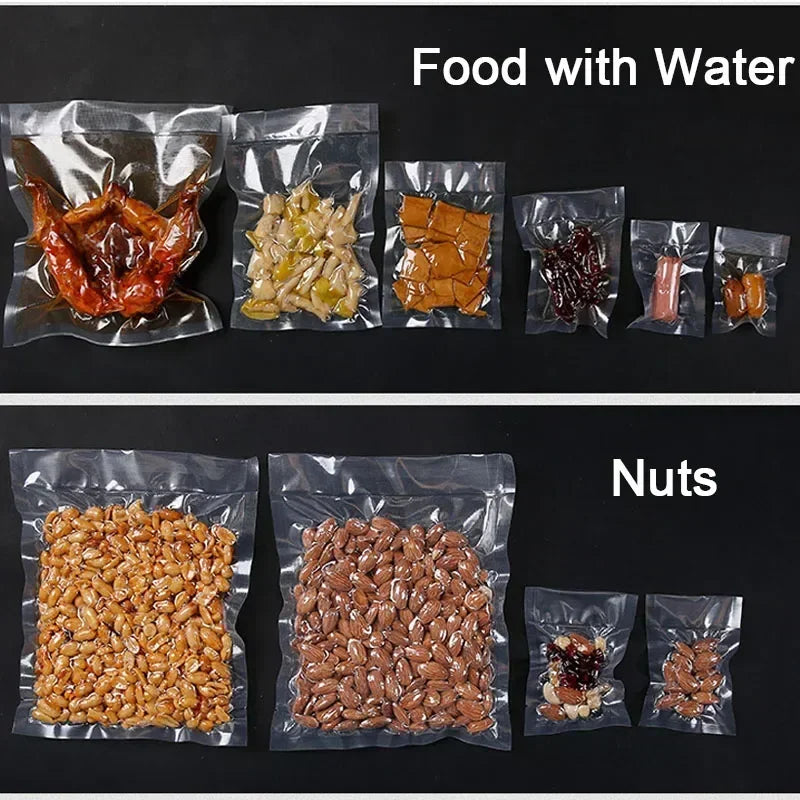 Comparison of food with water and nuts in clear packaging on a black background