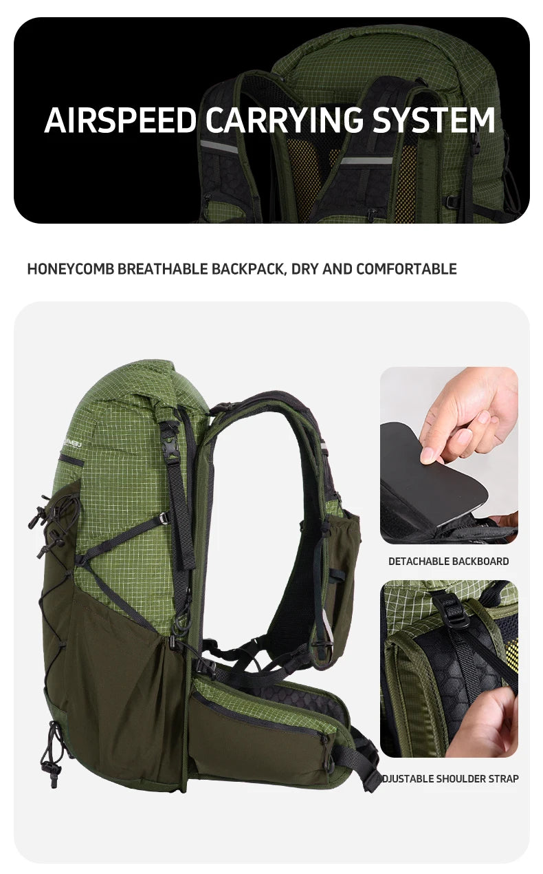 Green backpack with honeycomb design, detachable backboard, and shoulder strap on a white background.