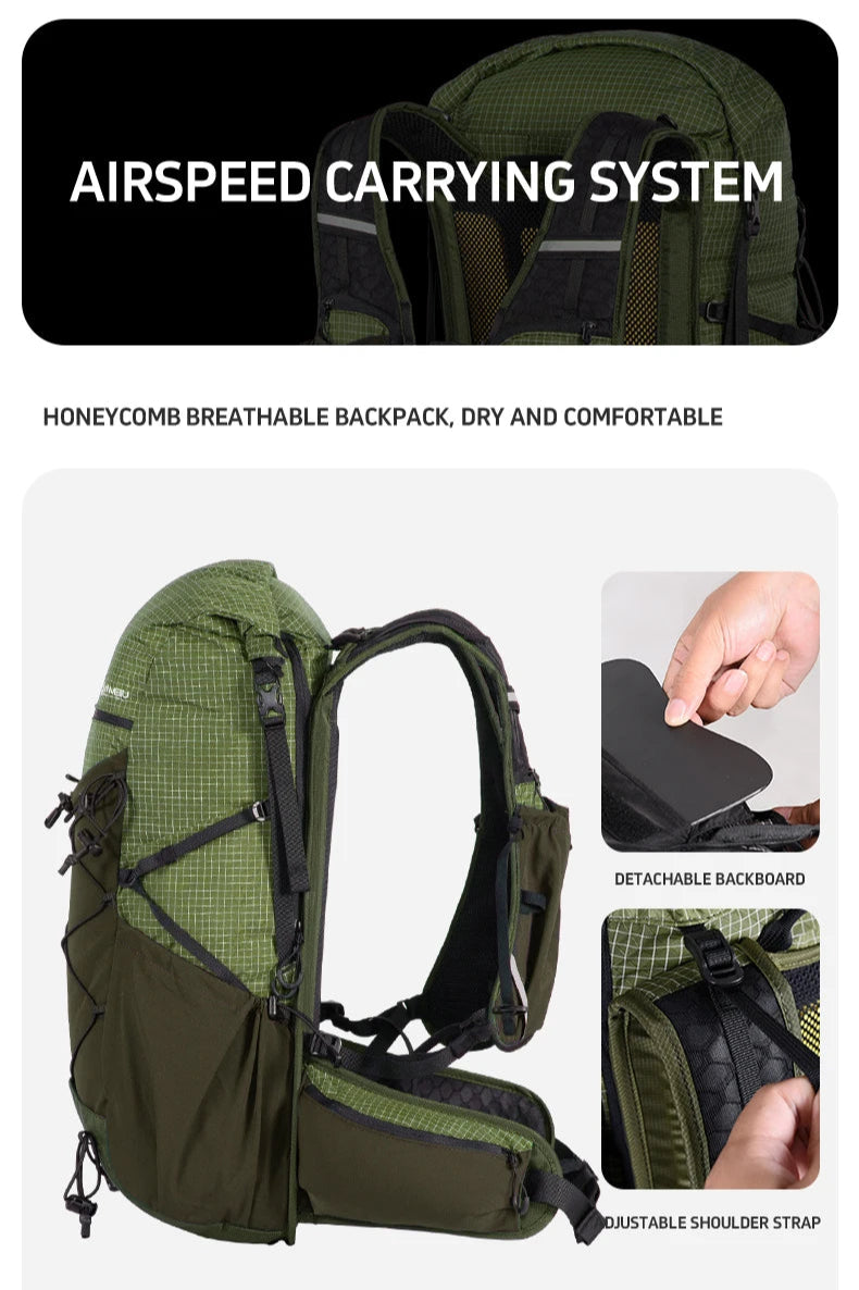 Green backpack with honeycomb design, detachable backboard, and shoulder strap on a white background.