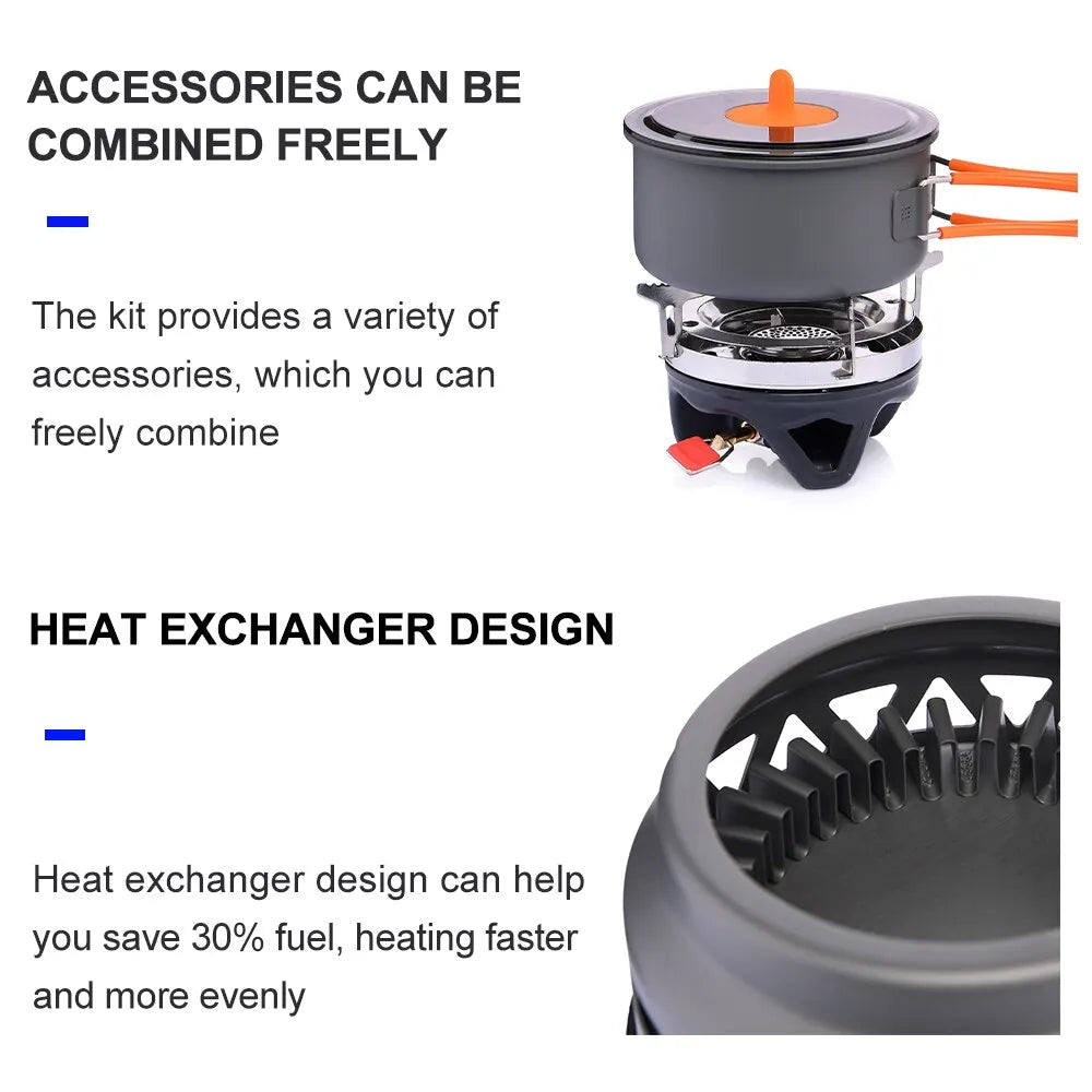 Portable stove with accessories and text about heat exchanger design on a white background