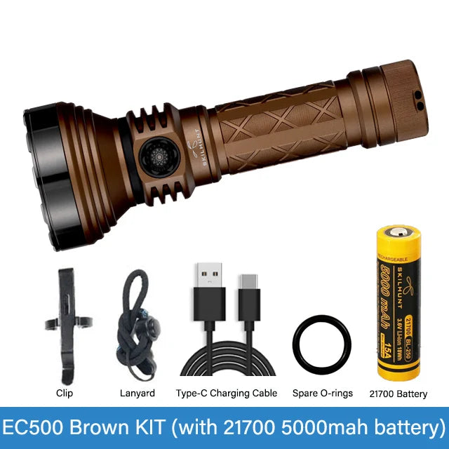 Brown flashlight kit with battery, clip, lanyard, and charging cable on a white background
