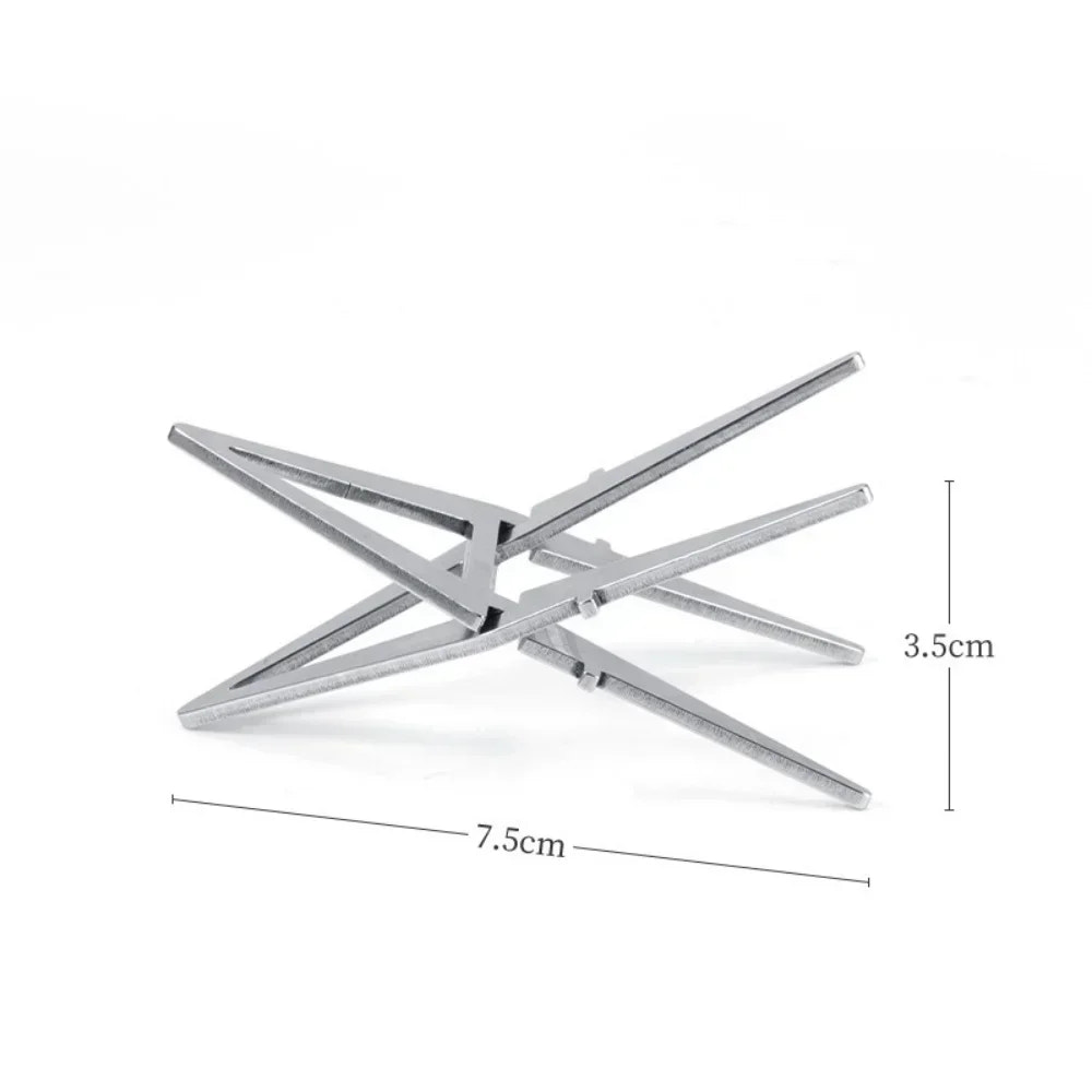 Metallic folding stand with dimensions labeled on a white background