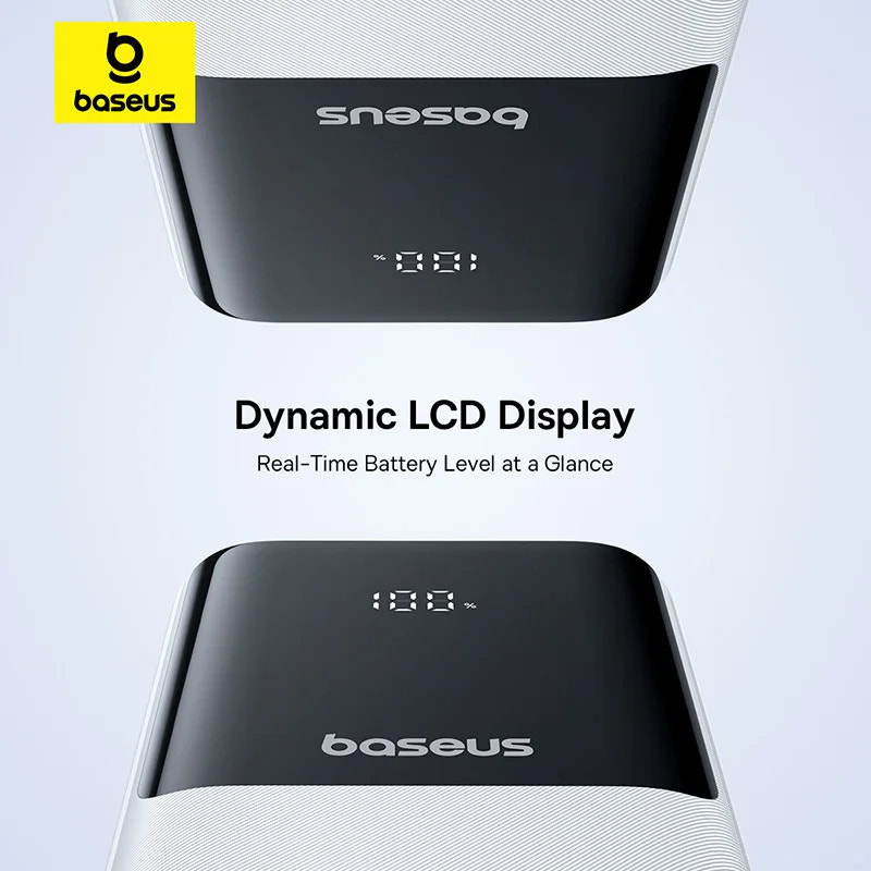 Baseus power bank with dynamic LCD display on a light gray background