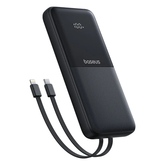 Black power bank with USB-C and Lightning cables on a white background, featuring the Baseus brand.