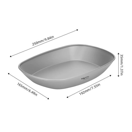 Gray titanium tray with dimensions labeled on a white background