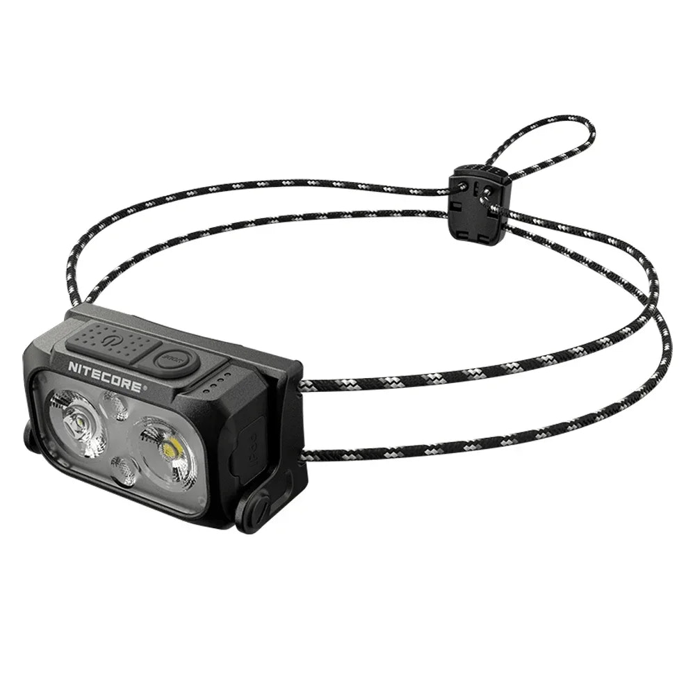 Nitecore headlamp with a lanyard on a white background