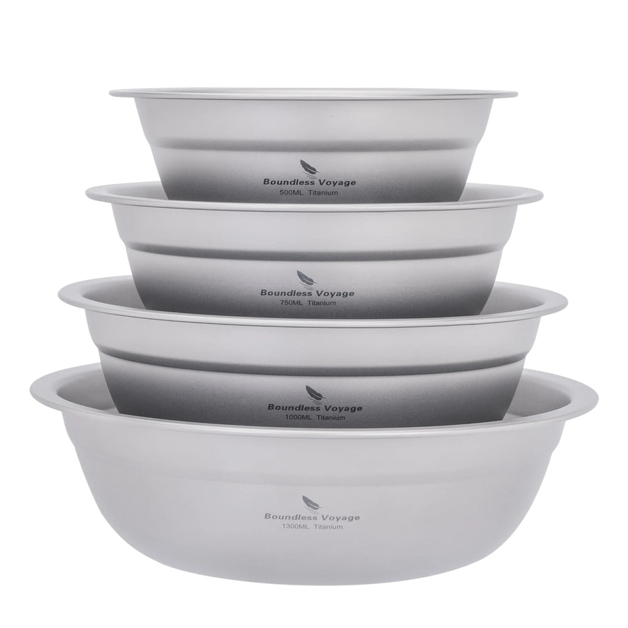 Set of five gray bowls stacked on a white background with 'Boundless Voyage' branding.
