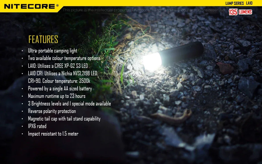 Nitecore camping light on a dark ground with features listed on the left.