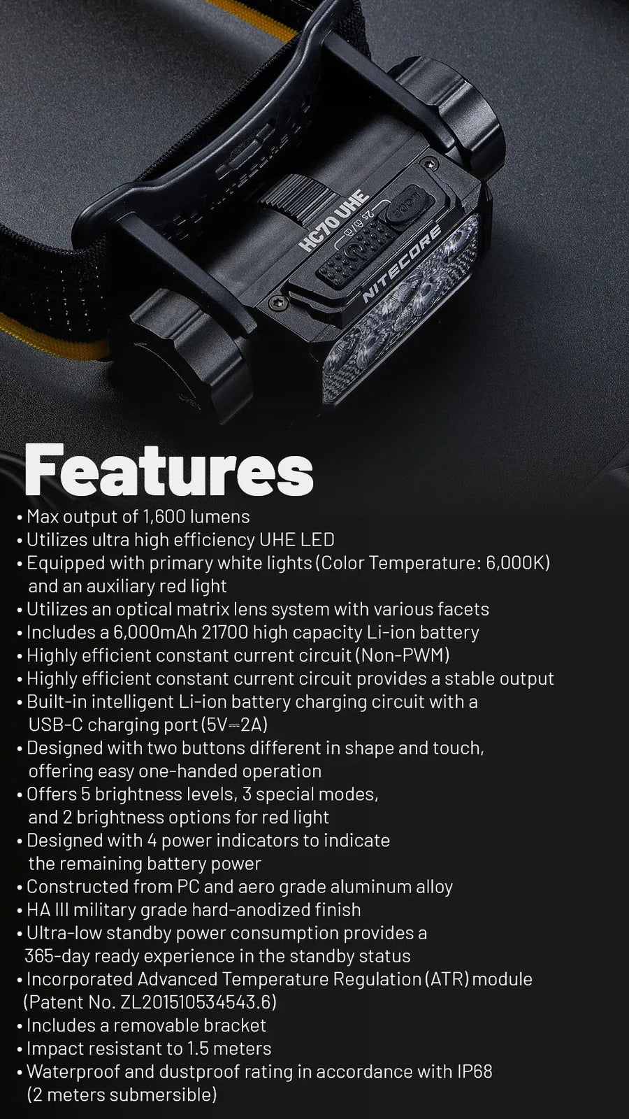 Black flashlight with features listed on a dark background