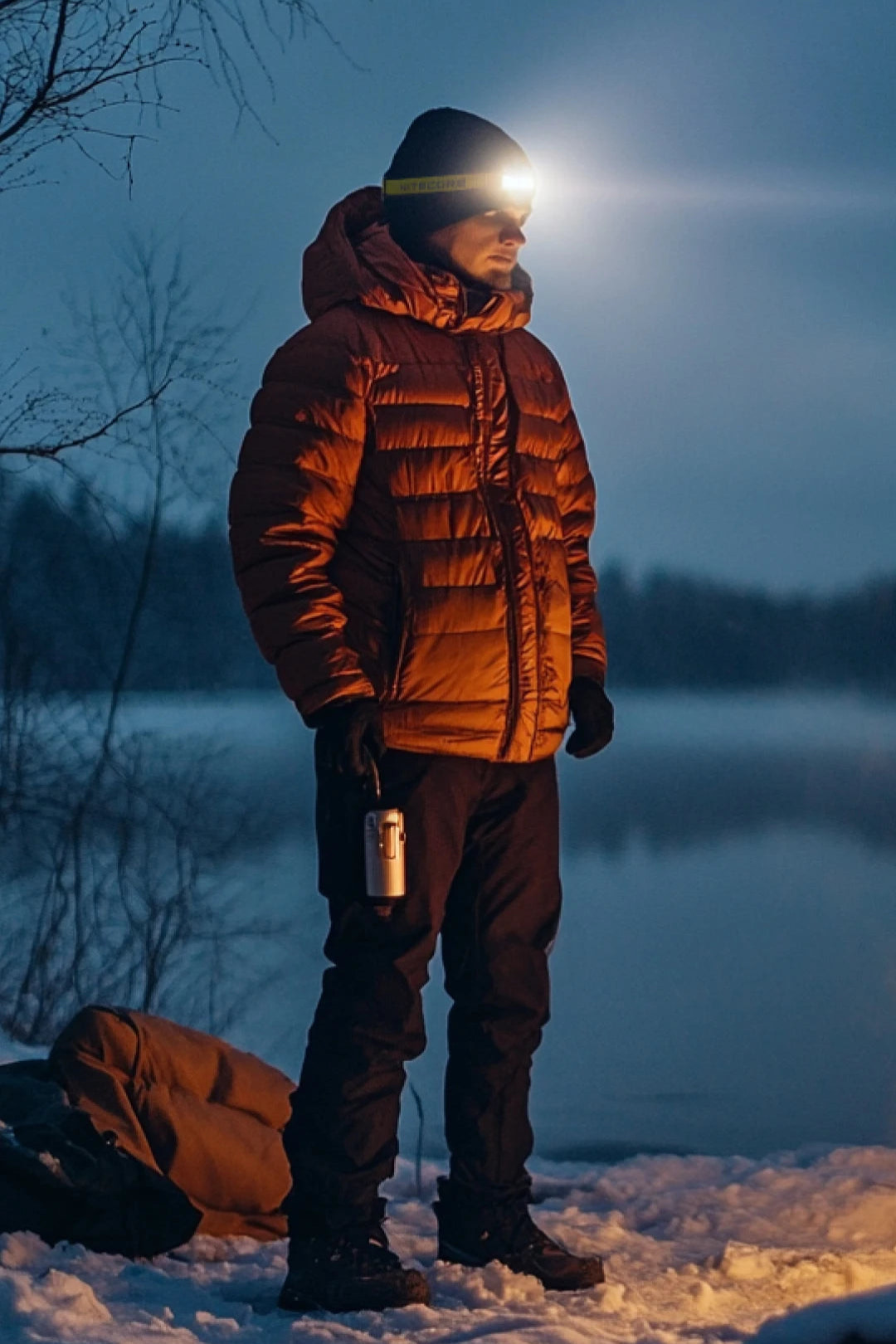 Person in winter clothing with a headlamp standing on a snowy landscape at night.