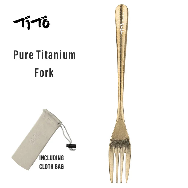 Pure Titanium Fork with cloth bag on a white background, featuring the Tito brand.