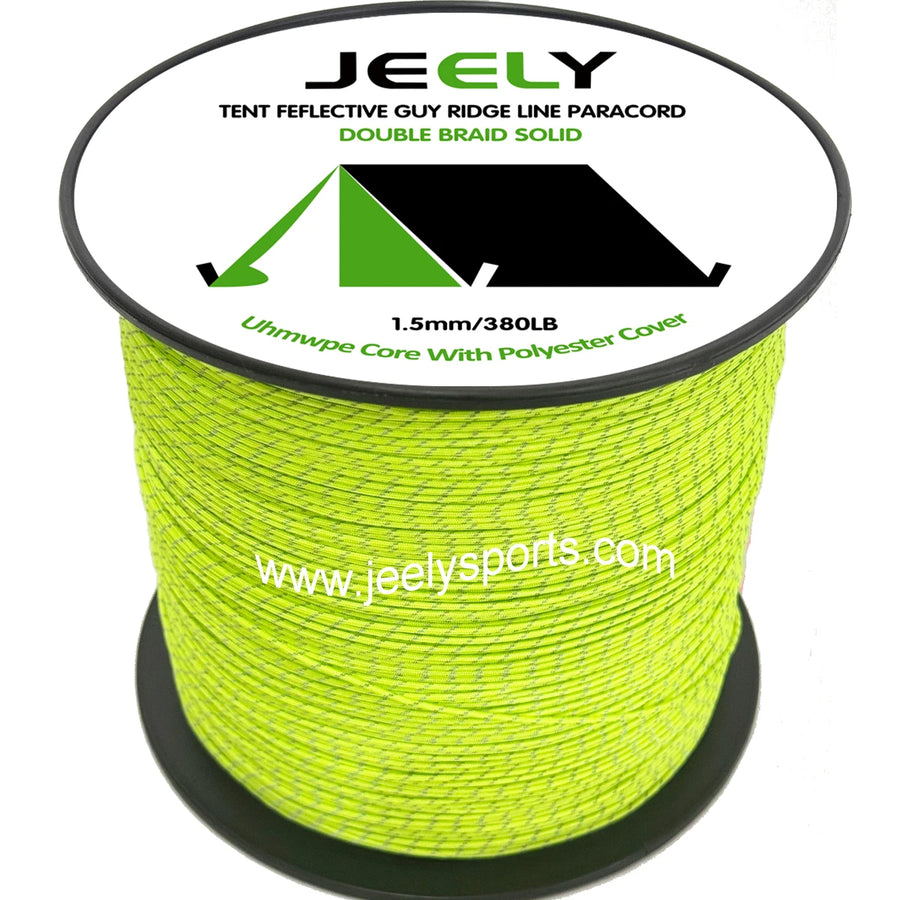Spool of Jeely tent reflective guy ridge line paracord on a white background