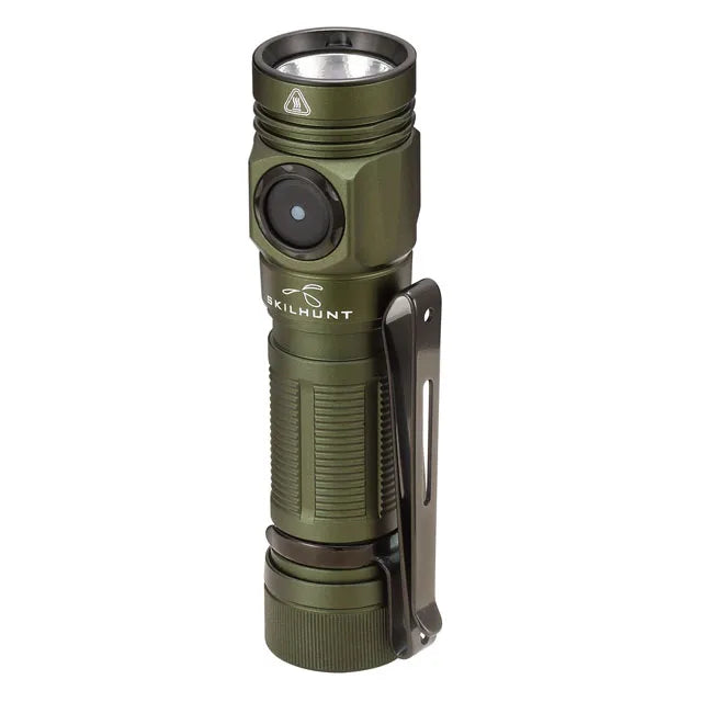 Green flashlight with a clip on a white background