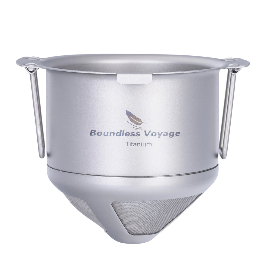 Titanium coffee filter with 'Boundless Voyage' branding on a white background