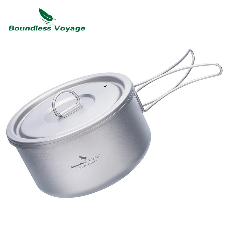 Camping pot with lid and carrying handle on a white background, featuring Boundless Voyage brand.