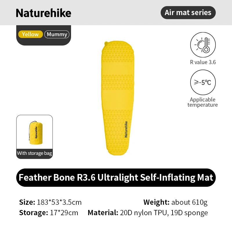 Yellow self-inflating mat with product details on a white background
