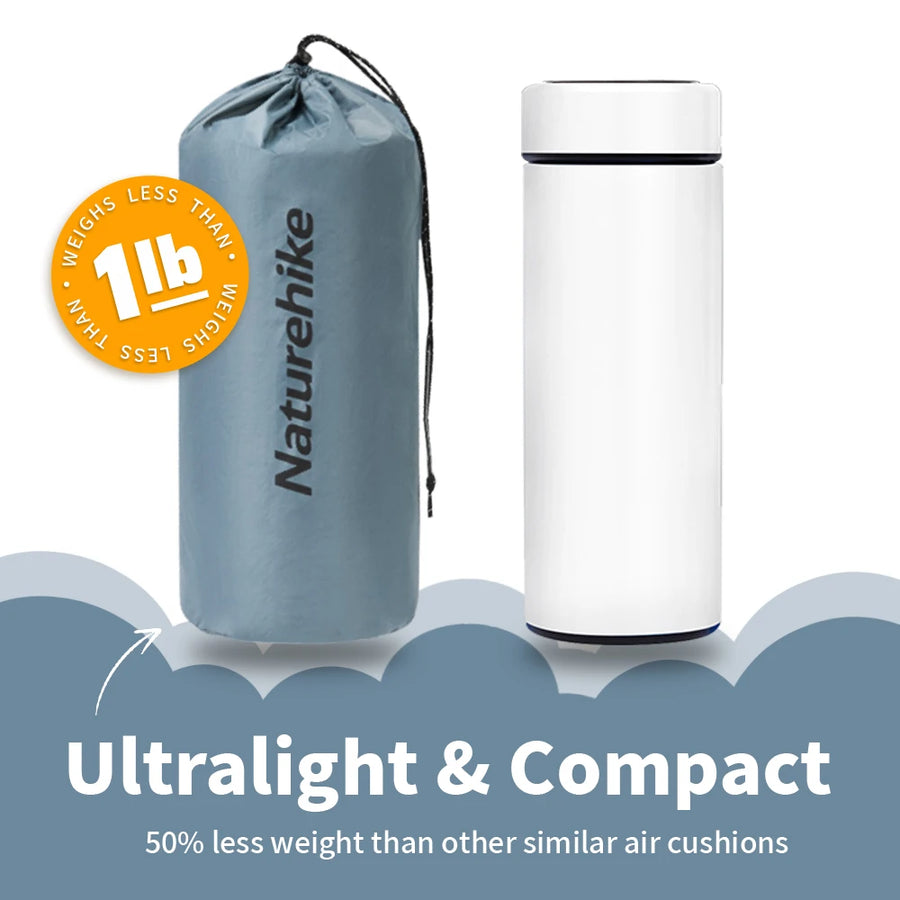 Naturehike ultralight air cushion and white container on a blue wave background