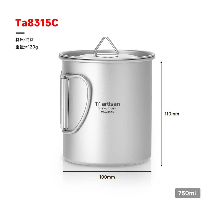 Titanium mug with dimensions and weight on a white background