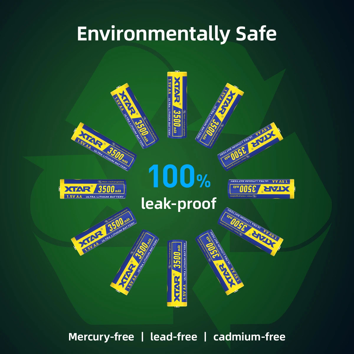 XTAR batteries arranged in a circular pattern on a green recycling symbol background with text highlighting environmental safety.