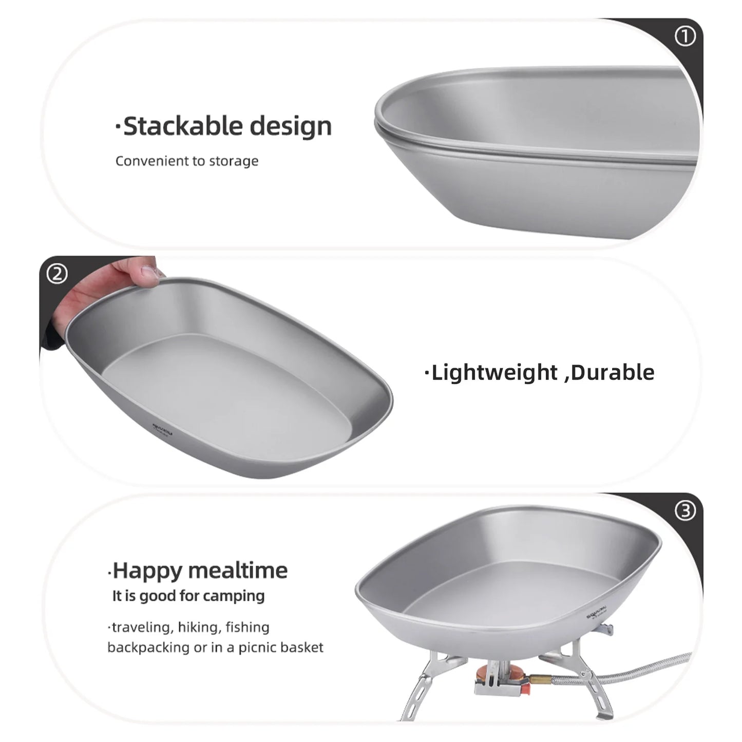 Stackable metal trays with features highlighted on a white background