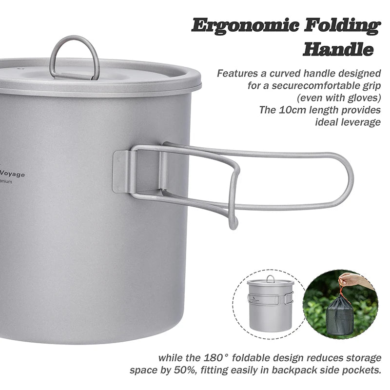 Gray camping pot with ergonomic handle and text describing features